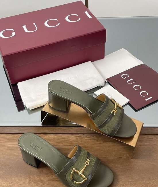Gucci Gold Buckle Sheepskin Block Heel Slide Sandals