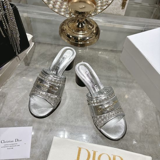 Christian Dior Embossed Pattern Leather Slide Sandals with Metal Accent