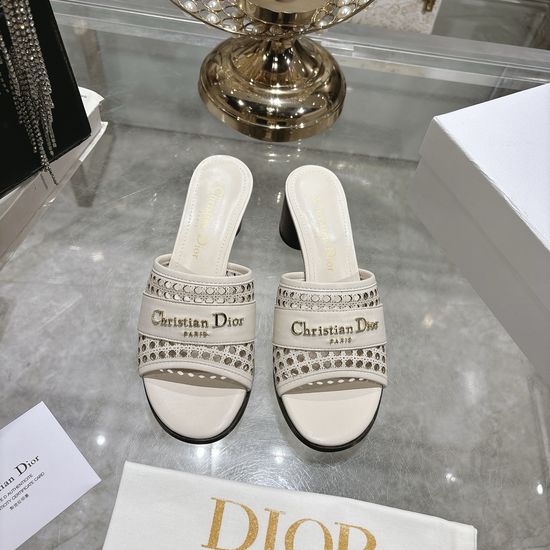 Christian Dior Embossed Pattern Leather Slide Sandals with Metal Accent
