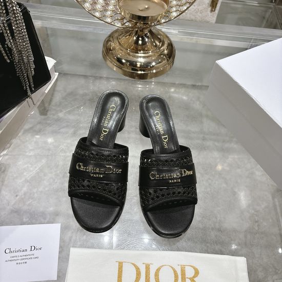 Christian Dior Embossed Pattern Leather Slide Sandals with Metal Accent