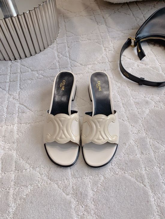 Celine Buckle Decor Chunky Heel Leather Slide Sandals