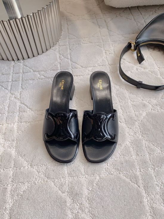 Celine Buckle Decor Chunky Heel Leather Slide Sandals