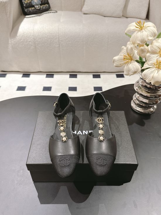Chanel Round Toe Leather Camellia Flat Mary Jane Shoes