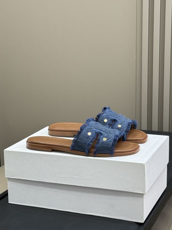 Celine Washed Denim Upper Cowhide Trim Slide Sandals