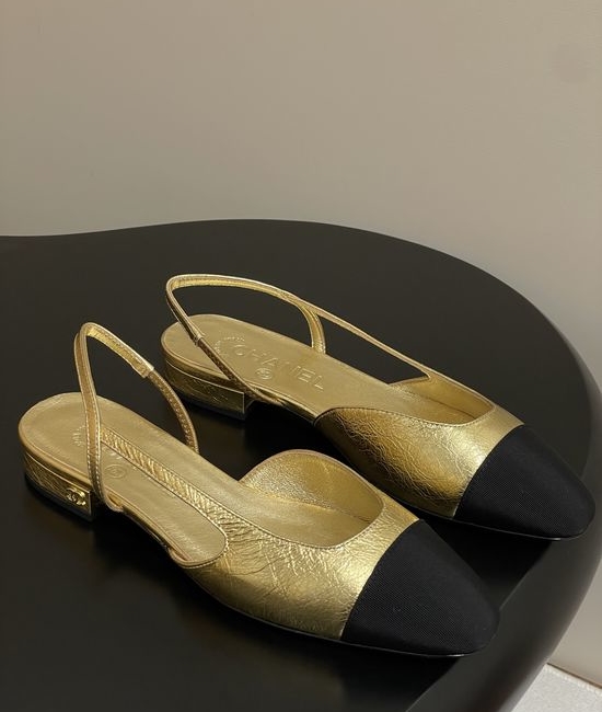 Chanel Metallic Slingback Sandals Classic Two Tone Leather Sole