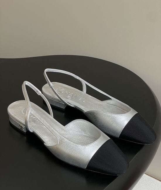 Chanel Metallic Slingback Sandals Classic Two Tone Leather Sole