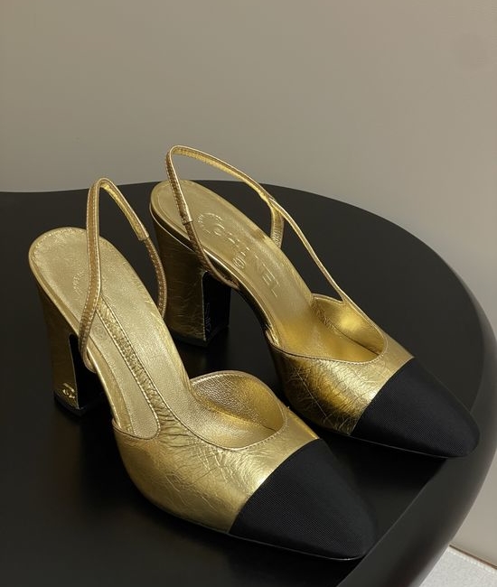 Chanel Metallic Slingback Sandals Classic Two Tone Leather Sole
