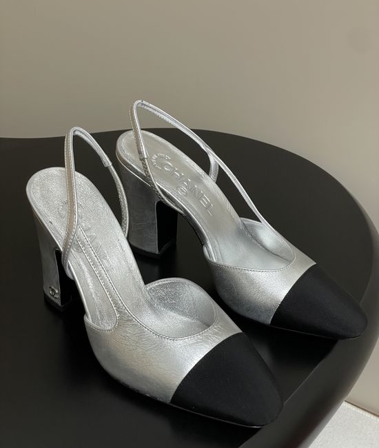 Chanel Metallic Slingback Sandals Classic Two Tone Leather Sole