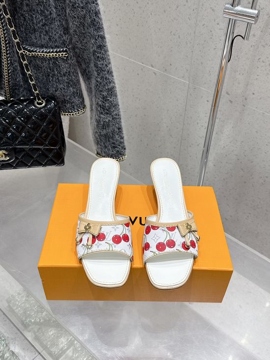 Louis Vuitton Cherry Style Bow Decor Low Heel Slide Sandals
