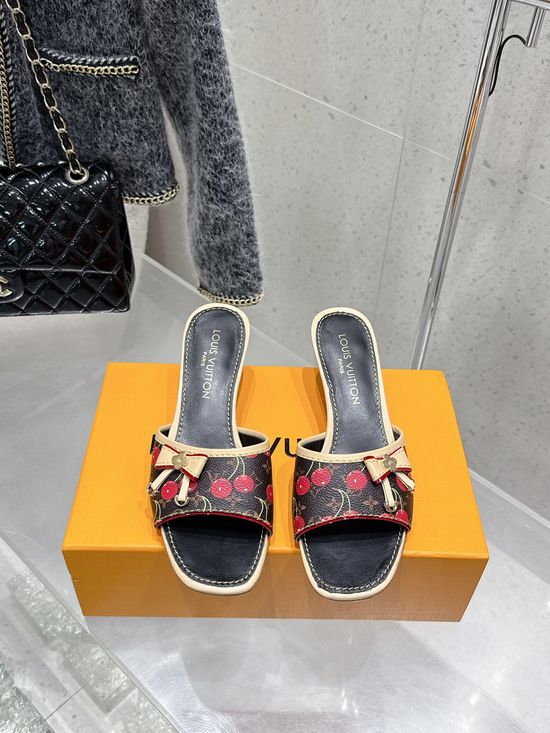 Louis Vuitton Cherry Style Bow Decor Low Heel Slide Sandals