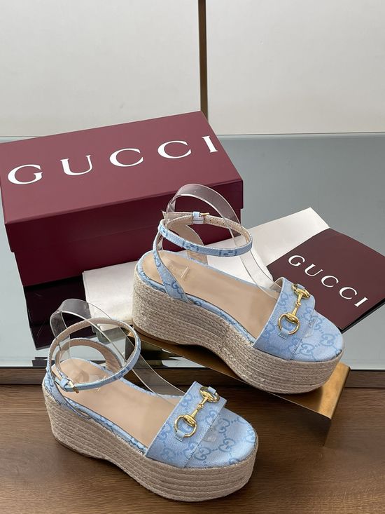 Gucci Espadrille Platform Peep Toe Sandals With Classic Buckle Detail