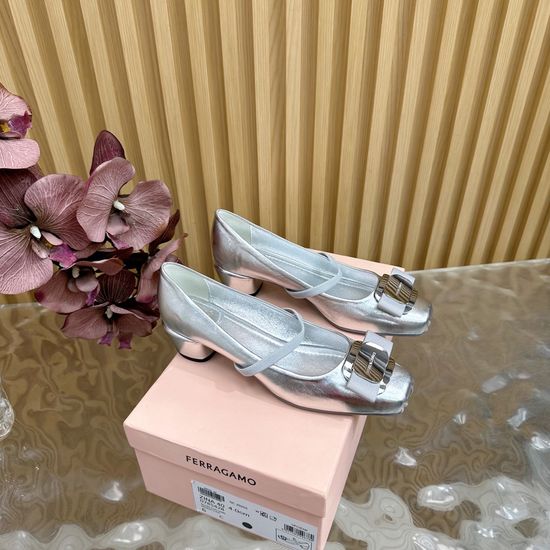 Ferragamo Bow Chunky Heel Leather Mary Jane Casual Shoes