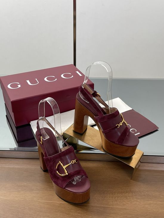 Gucci Gold Buckle Platform Wedge Heel Sandals