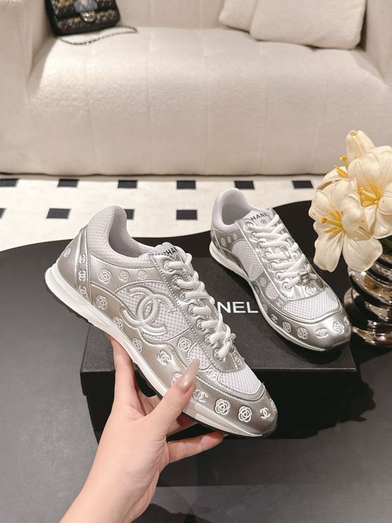 Chanel Embossed Pattern Leather Breathable Casual Sneakers