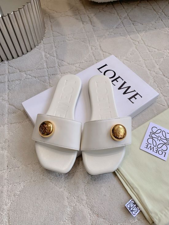 Loewe Stylish Leather Flat Slide Sandals Metal Button Decor