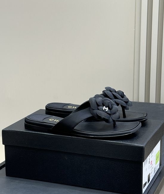 Chanel Elegant Camellia Decor Leather Slip On Slides