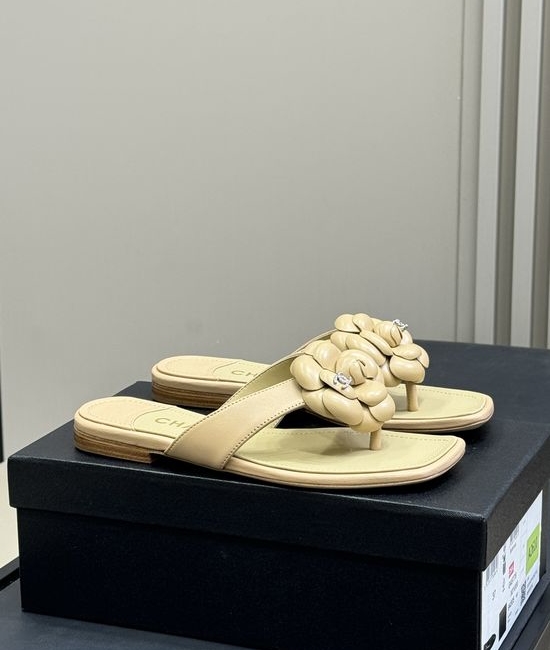 Chanel Elegant Camellia Decor Leather Slip On Slides