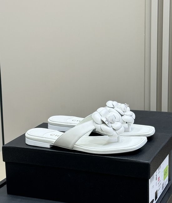 Chanel Elegant Camellia Decor Leather Slip On Slides