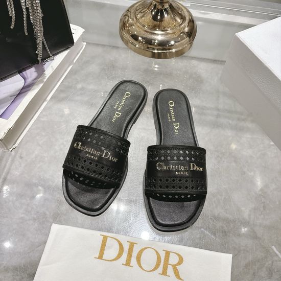 Christian Dior Round Toe Flat Slide Sandals with Metal Logo Buckle