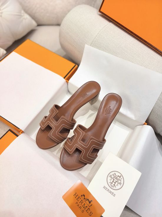 Hermes Embroidered Mid Heel Slide Sandals With Premium Leather Upper