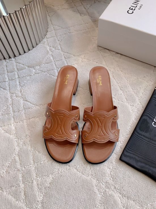 Celine Buckle Decor Chunky Heel Slides Classic Style Durable Outsole