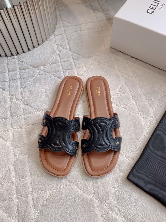 Celine Buckle Decor Chunky Heel Slides Classic Style Durable Outsole