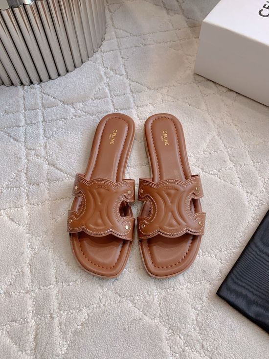 Celine Buckle Decor Chunky Heel Slides Classic Style Durable Outsole