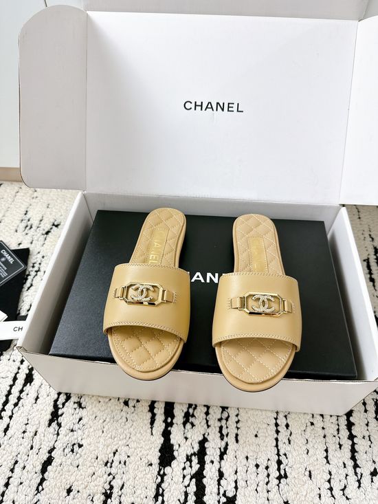Chanel Premium Leather Slides With Logo Decor Soft Comfortable