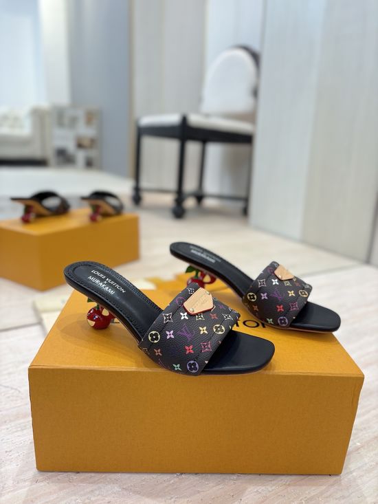 Louis Vuitton Stylish Cherry Heel Sandals with Genuine Leather Sole