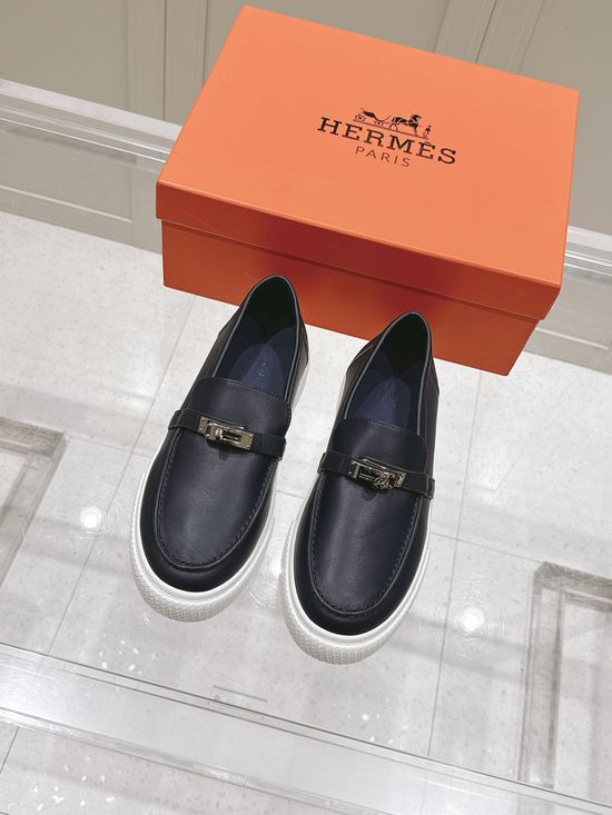 Hermes Buckle Decor Slip-On Loafers Casual Fashion Leather Shoes