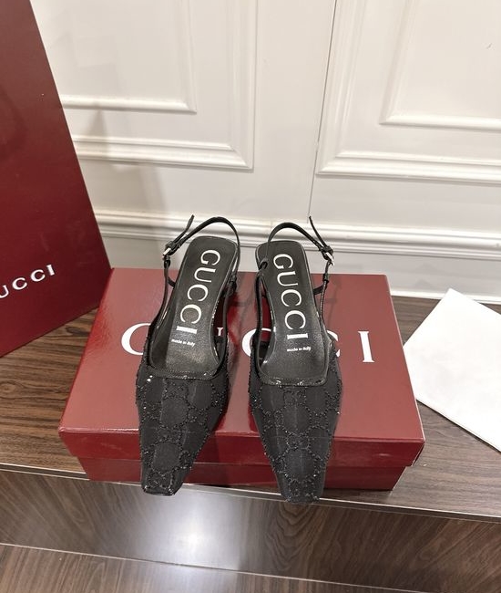 Gucci Rhinestone Mesh Low Heel Sandals with Buckle Closure