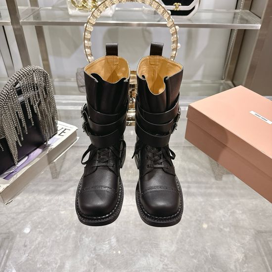 Miu Miu Suede Leather Combat Boots Non-slip Rubber Sole Low Heel