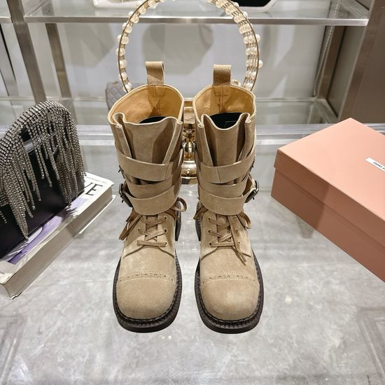 Miu Miu Suede Leather Combat Boots Non-slip Rubber Sole Low Heel