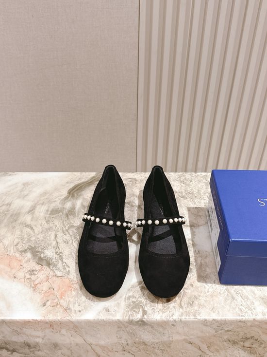 Stuart Weitzman Elegant Suede Leather Round Toe Buckle Flats