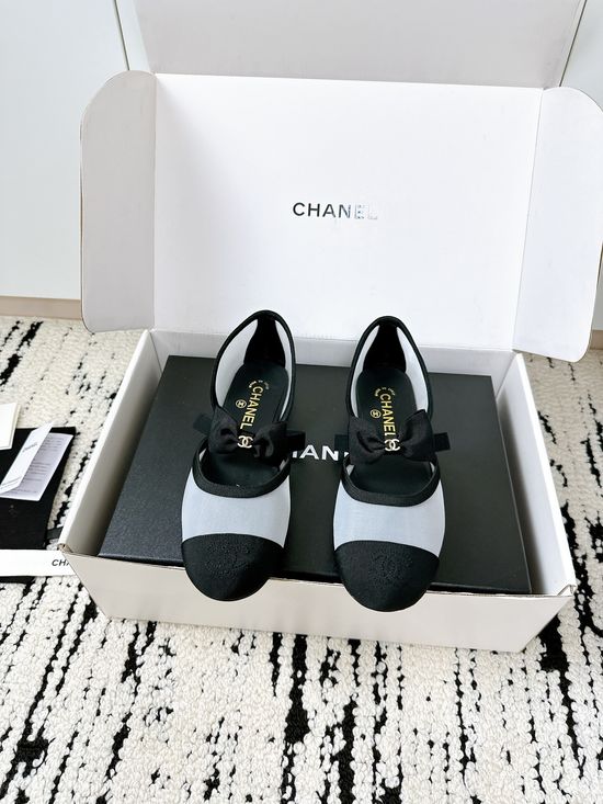 Chanel Bow Decor Mesh Silk Mary Jane Leather Shoes