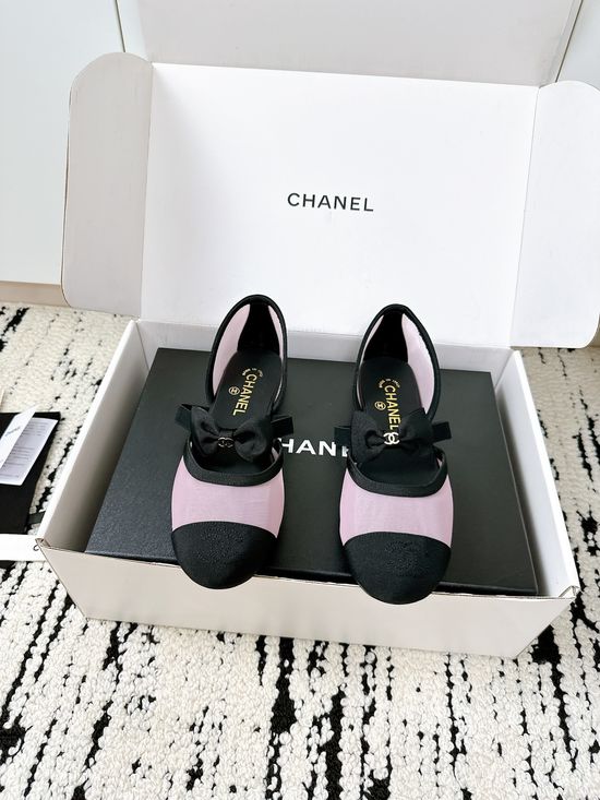 Chanel Bow Decor Mesh Silk Mary Jane Leather Shoes