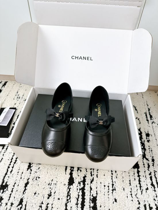 Chanel Bow Decor Mesh Silk Mary Jane Leather Shoes