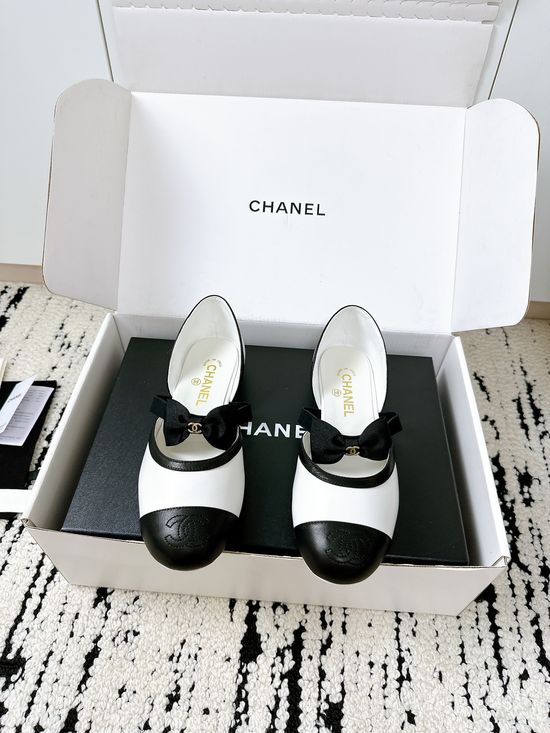 Chanel Bow Decor Mesh Silk Mary Jane Leather Shoes