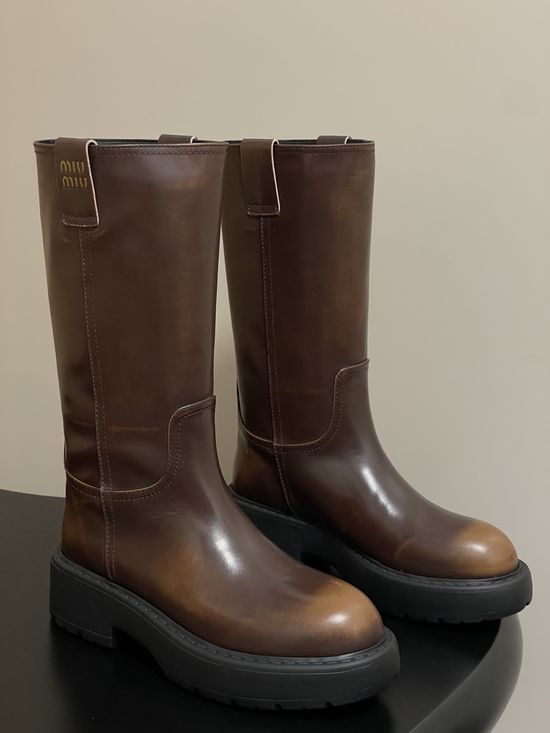 Miu Miu Premium Leather Mid-calf Boots with Soft Warm Lining