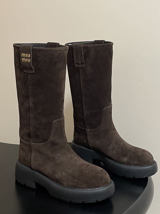 Miu Miu Premium Leather Mid-calf Boots with Soft Warm Lining