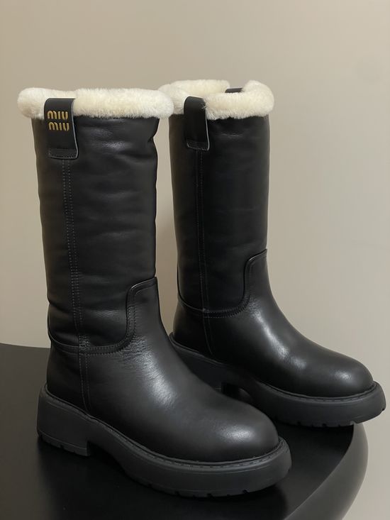 Miu Miu Premium Leather Mid-calf Boots with Soft Warm Lining