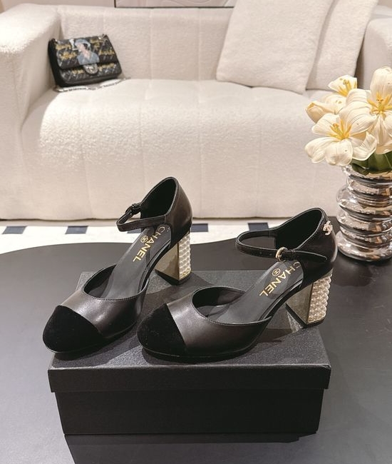 Chanel Elegant Pearl Heel Mary Jane Leather Shoes