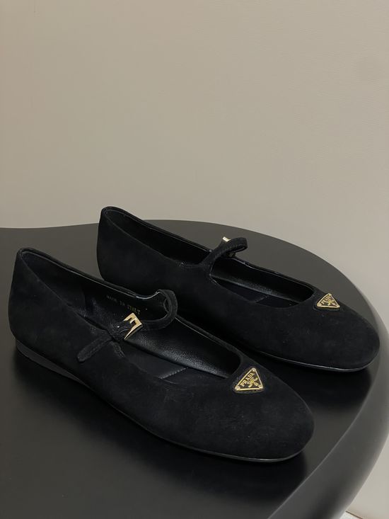 Prada Premium Suede Mary Jane Flats with Logo Detail