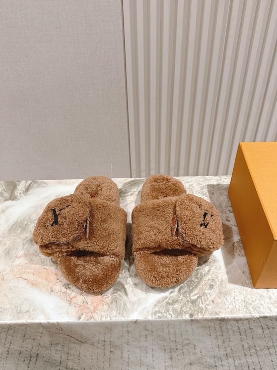 Louis Vuitton Shearling Lined Wool Slide Sandals Thick Sole