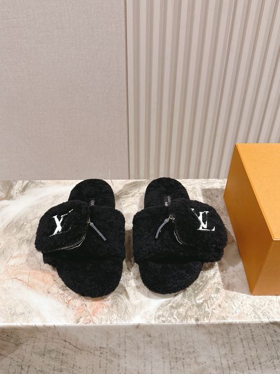 Louis Vuitton Shearling Lined Wool Slide Sandals Thick Sole