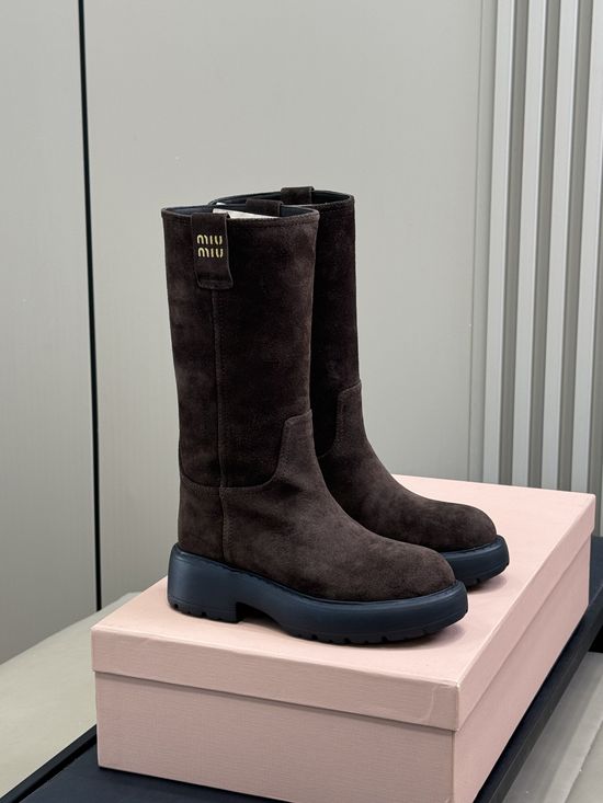 Miu Miu Warm Lined Mid Calf Boots with Leather Upper