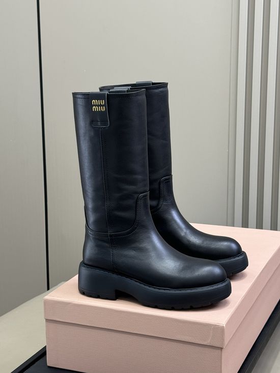 Miu Miu Warm Lined Mid Calf Boots with Leather Upper