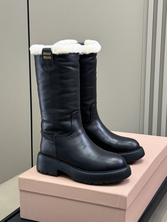 Miu Miu Warm Lined Mid Calf Boots with Leather Upper