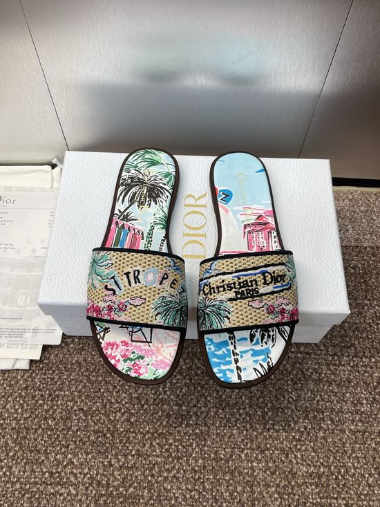 Christian Dior Embroidered Flat Slip-On Sandals with Round Toe