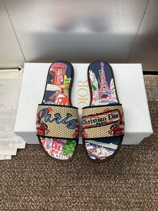 Christian Dior Embroidered Flat Slip-On Sandals with Round Toe